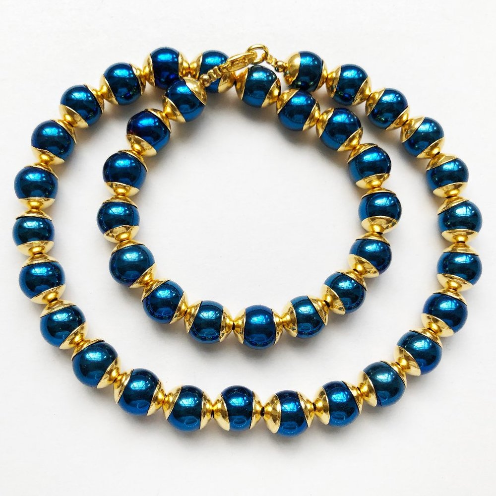 Chunky short blue metallic bead necklace, statement accent gemstone necklace